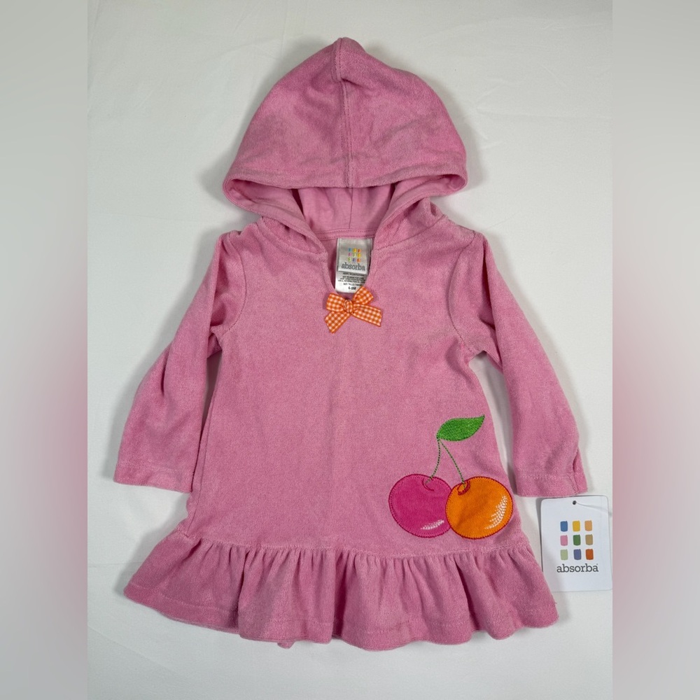 NWT ABSORBA Girls Hooded Terry Cherry Applique Dress 6-9M Sweet Playful‎ NEW